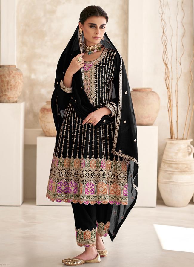Chinnon Silk Black Wedding Wear Embroidery Work Readymade Salwar Suit